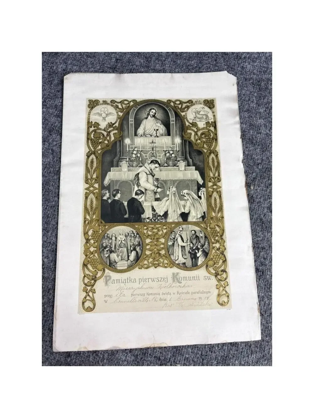 Religious Certificate 1919 Communion Keepsake Pamiątka Pierwszej Komunii Świętej